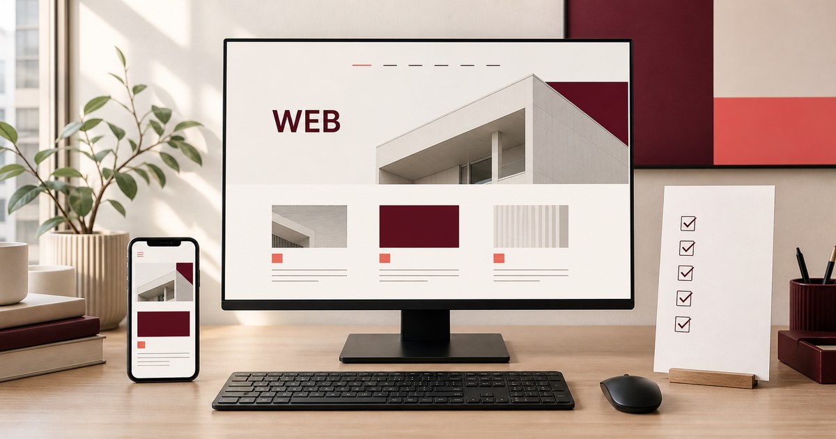 Computadora y teléfono mostrando un sitio web profesional junto a una lista de verificación