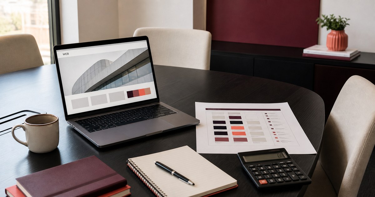 Mesa de planeación con computadora, calculadora y documentos para cotizar un sitio web